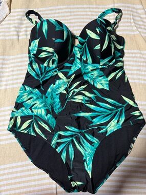Tropical Leaf One-Piece Swimsuit in Black and Teal